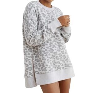 Aerie Oversized Leopard Fleece Pullover NWT Small Grey Cozy Lounge